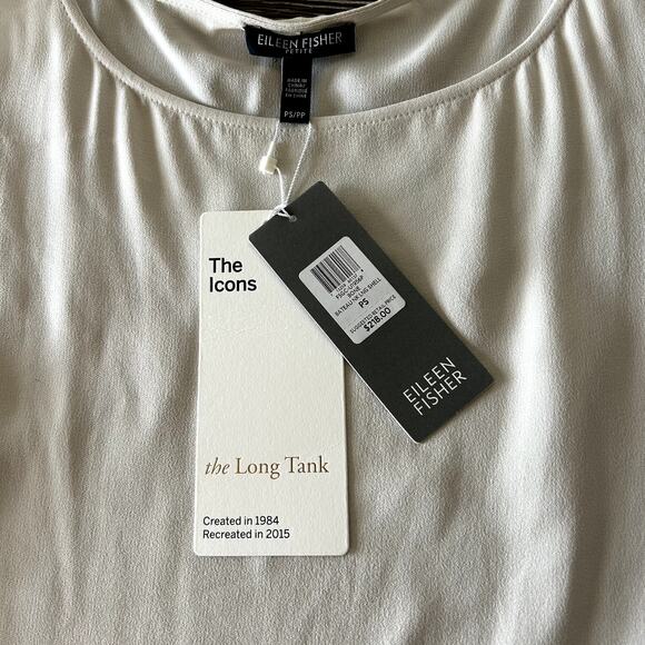 Eileen Fisher 100% Silk Georgette Crêpe Long Shell Bone Bateau Neck Top S Petite - Picture 8 of 16